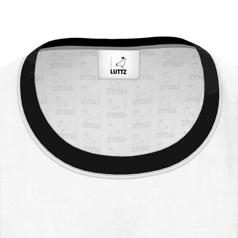 Close-up of LUTTZ black and white tank top collar, showcasing luxury and minimalistic designer elegance.