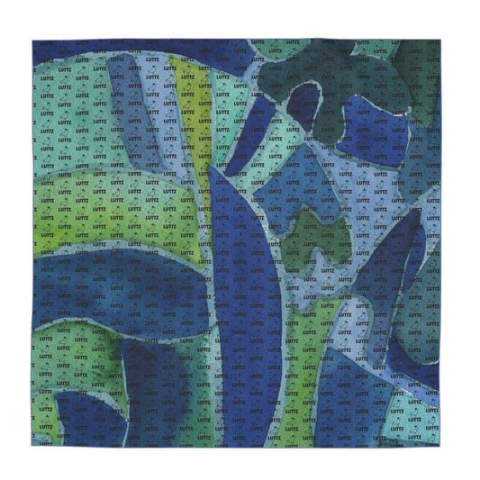 Luxurious blue-green silk scarf from LUTTZ, featuring a unique fabric design inspired by the Mediterranean, perfect for elegant occasions.