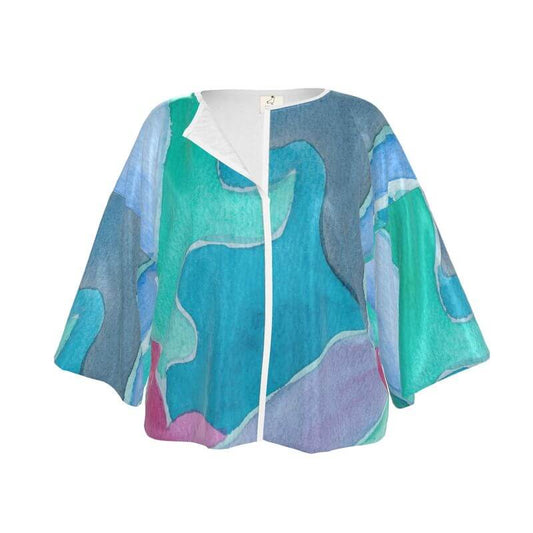 LUTTZ Kimono in pure silk satin with an abstract watercolor design, oversized fit for a contemporary look.