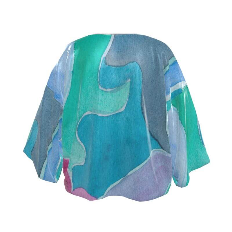 LUTTZ Kimono in pure silk satin, featuring a colorful abstract design and oversized fit, perfect for special occasions.