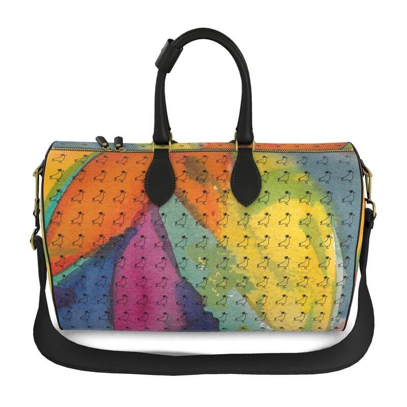 Luxury leather bag with abstract painting design, handcrafted, unique art object from UNIQUA Traveller series.