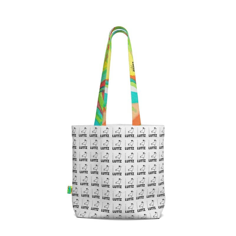 Spacious LUTTZ tote bag featuring unique design and colorful straps, perfect for shopping or gym use.