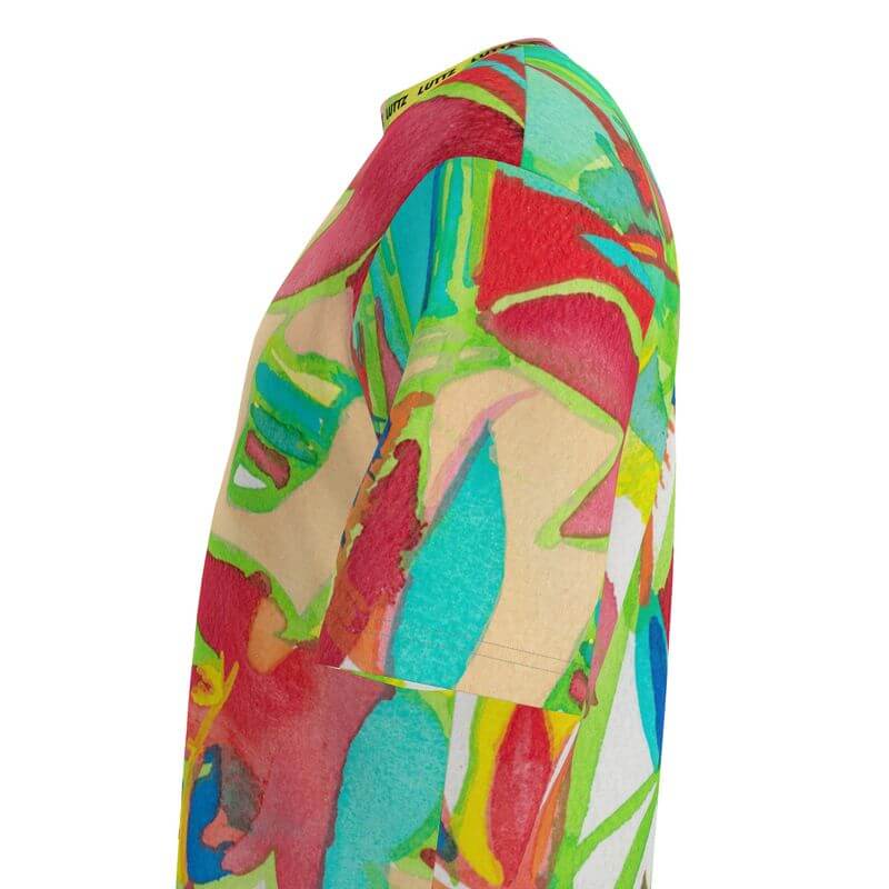 Side view of the LUTTZ oversized t-shirt featuring luxury abstract artwork in vibrant colors, a unique design piece for every wardrobe.