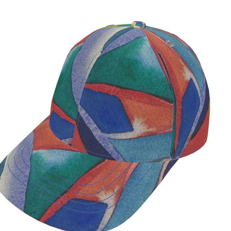 Luxury hand-crafted baseball cap with unique Mediterranean fabric design, inspired by abstract art from Marseille.
