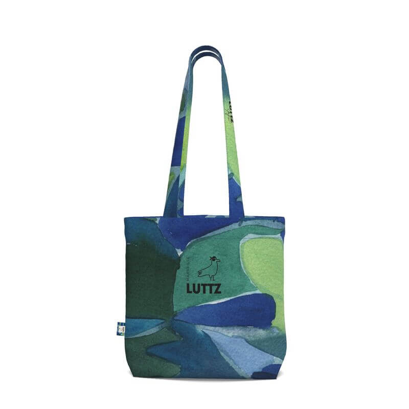 Luxury daily tote bag by LUTTZ featuring a unique Mediterranean fabric design, inspired by the south of France.