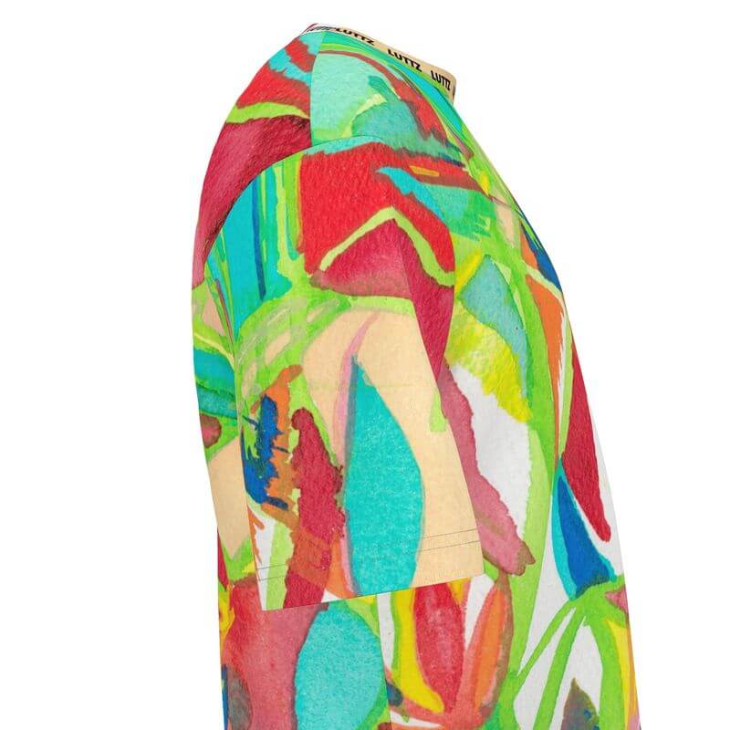 Oversize T-shirt by LUTTZ featuring an abstract, colorful design, resembling a unique art object and luxurious artwork.