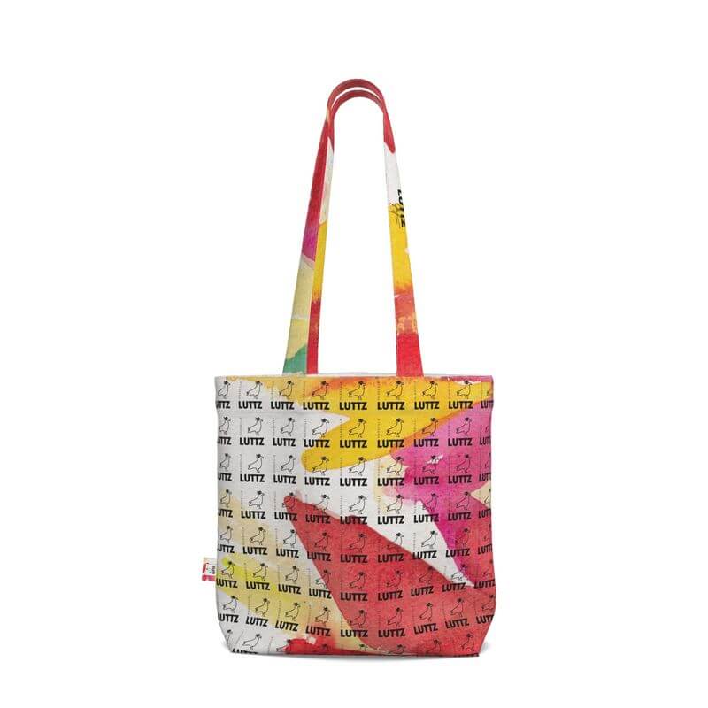 Unique Marseille Energy tote bag by LUTTZ, featuring vibrant Mediterranean fabric design like an abstract painting.