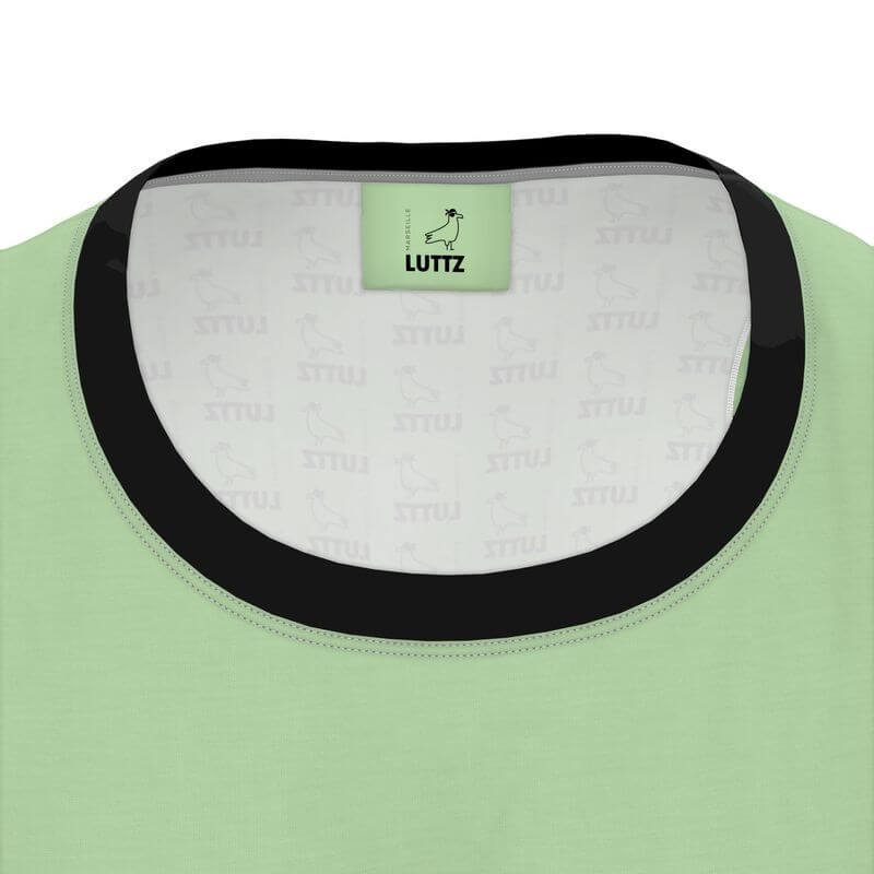 Close-up of OLIVE sleeveless tank top by LUTTZ, featuring black round collar and unique fabric design, inspired by Mediterranean elegance.