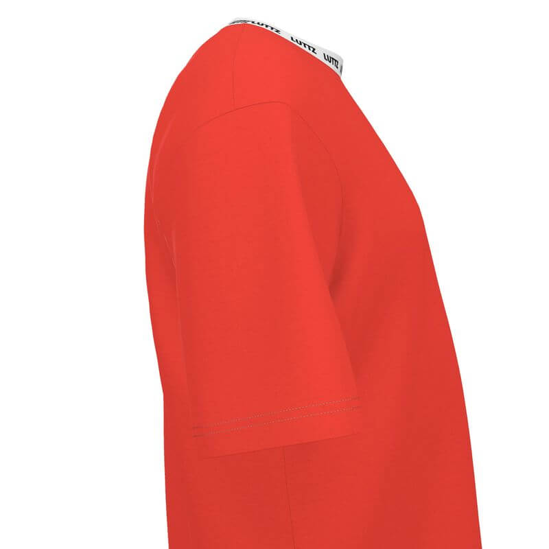 Side view of the luxurious POMODORO PROVENZALE oversized t-shirt by LUTTZ, showcasing its unique minimalistic design in vibrant red.