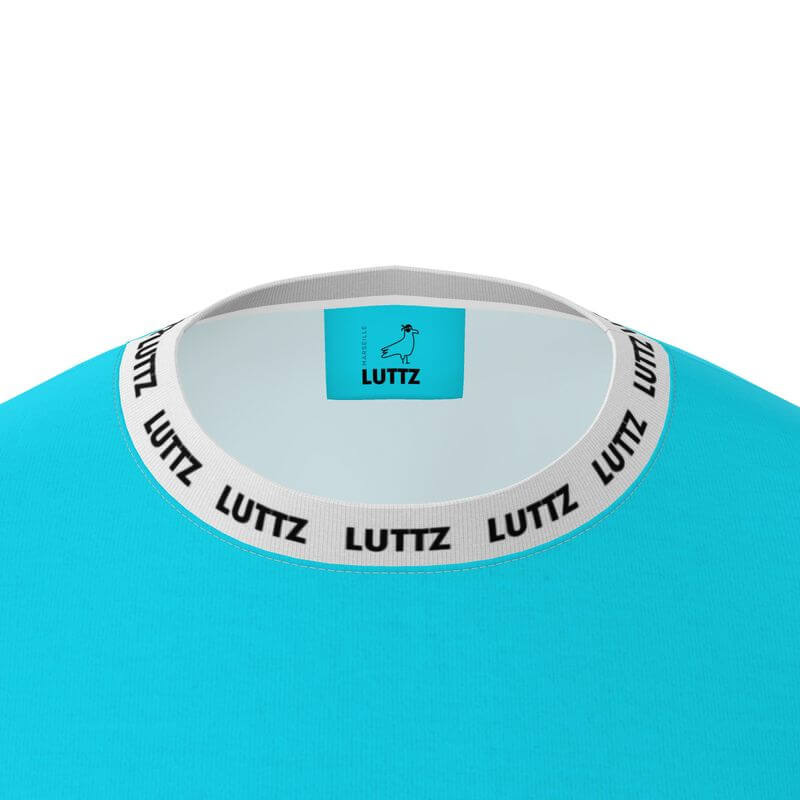 Close-up of LUTTZ oversized t-shirt collar, featuring a unique light blue design and branded neckline.