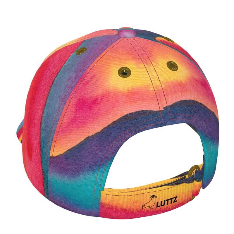 Unique luxury 6-panel baseball cap by LUTTZ, featuring a vibrant Mediterranean fabric design inspired by the south of France.