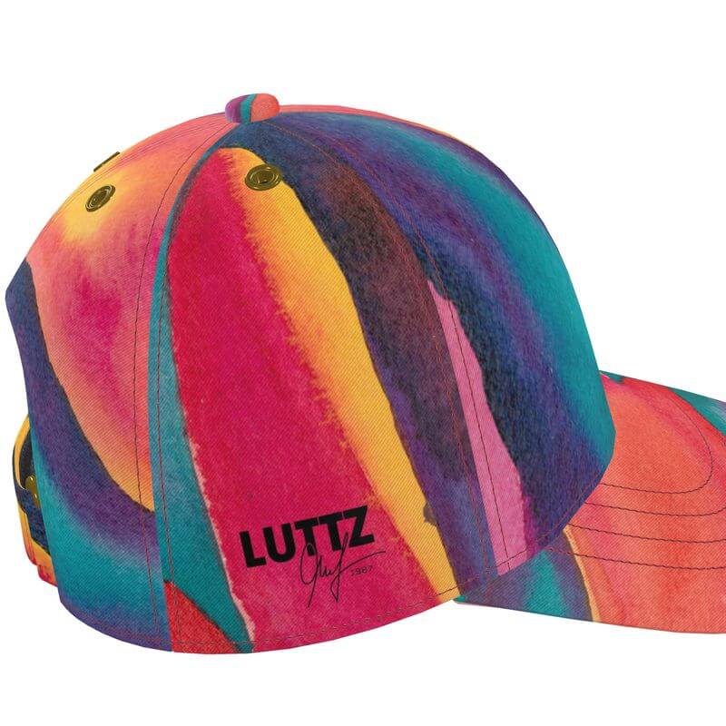 Luxury designer baseball cap by LUTTZ, featuring a unique Mediterranean-inspired abstract painting design.