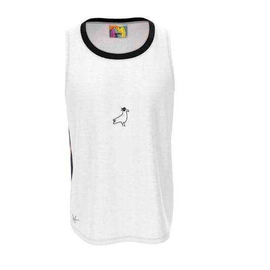 Luxury sleeveless tank top by LUTTZ, unique abstract bird design, perfect summerwear, combining art and comfort.