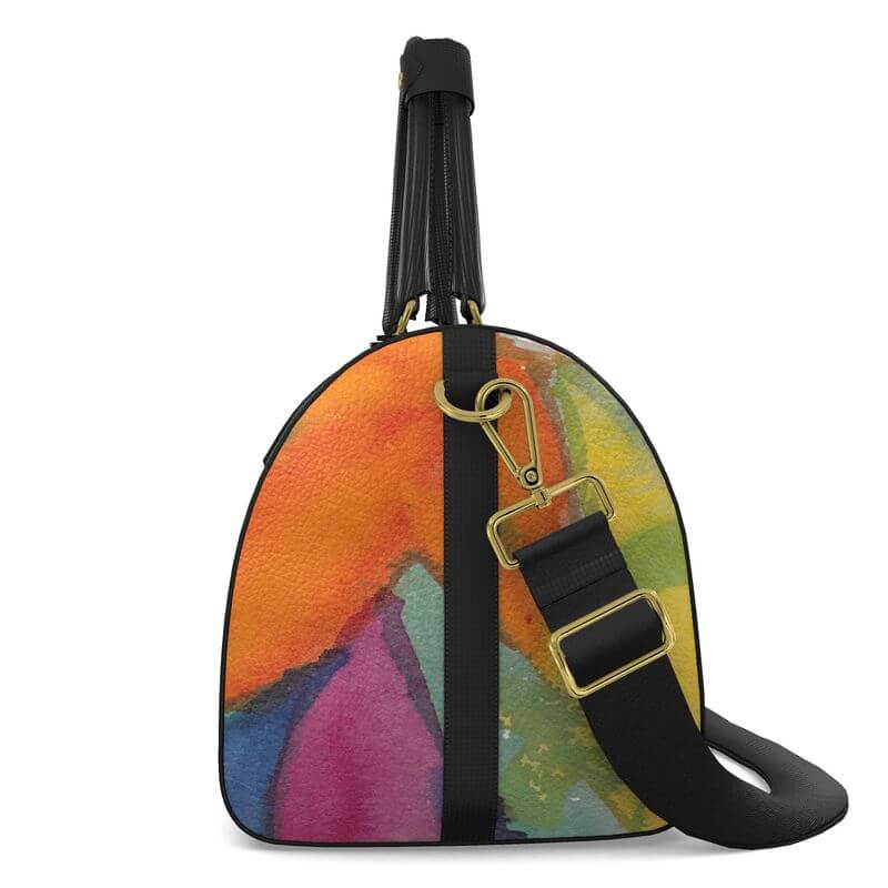 Luxury leather bag with abstract painting design, unique art object inspired by Mediterranean style from Marseille.