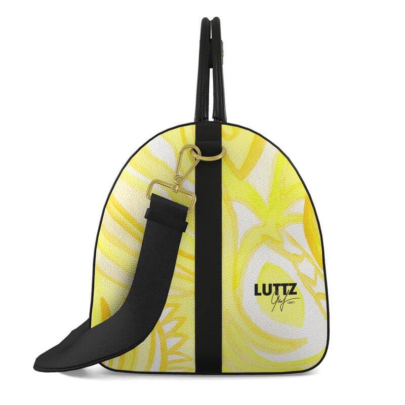 Luxury SUNSHINE LARGE leather bag by LUTTZ, featuring an abstract painting design, a unique art object for travelers.