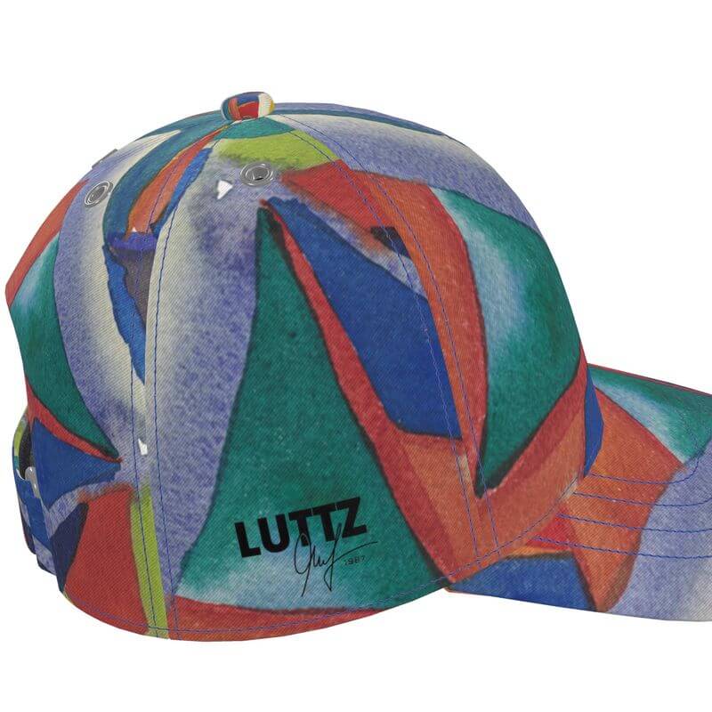 Unique luxury baseball cap from LUTTZ with Mediterranean fabric design, inspired by abstract art and Marseille.