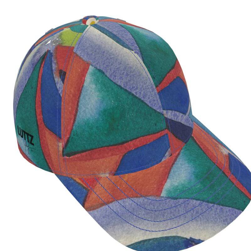 Luxury baseball cap by LUTTZ, featuring unique Mediterranean fabric design like an abstract painting, exclusive piece from Marseille.