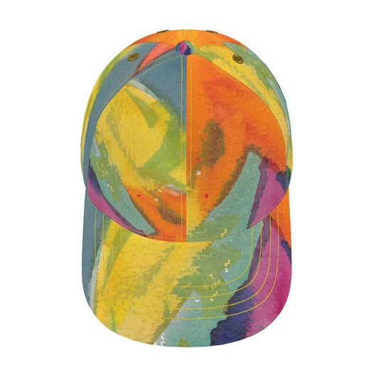 Unique luxury baseball cap with Mediterranean fabric design, inspired by the south of France, like an abstract painting.
