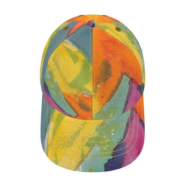 Unique luxury baseball cap with Mediterranean fabric design, inspired by the south of France, like an abstract painting.