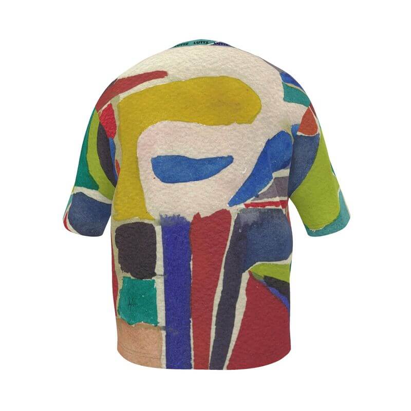 Oversize t-shirt featuring abstract painting design inspired by Mediterranean culture, showcasing unique colors and artistic flair.