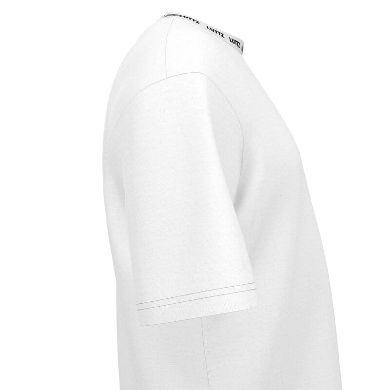 Side view of the SNOW Oversize T-Shirt by LUTTZ, showcasing its unique design and luxury fabric, perfect for art-inspired outfits.