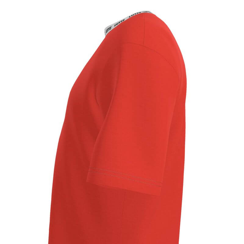 Side view of the luxurious oversized red t-shirt by LUTTZ, featuring a unique design inspired by the south of France.