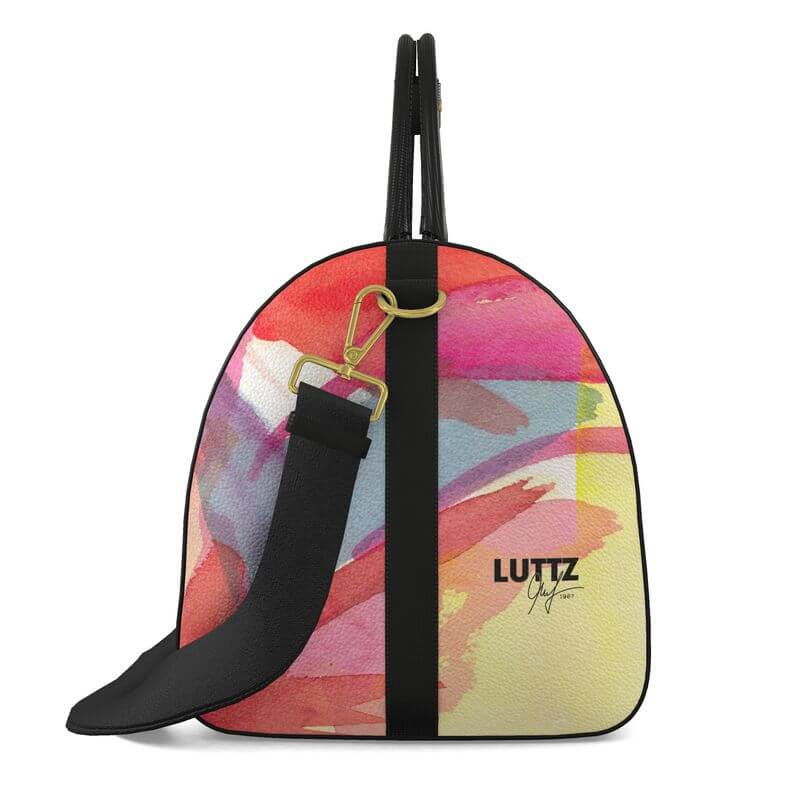 LUTTZ PRIMAVERA LARGE leather bag in vibrant abstract design, a luxury art object for unique style and exceptional travel.