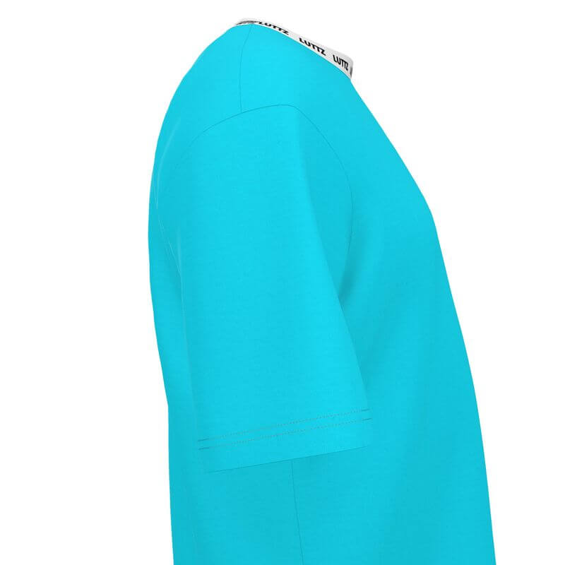 Side view of the SKY ENERGY oversized t-shirt by LUTTZ in vibrant turquoise, showcasing its casual design and unique style.