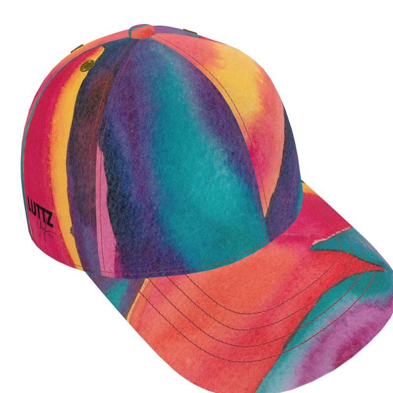 Unique hand-designed luxury baseball cap by LUTTZ, featuring Mediterranean fabric and vibrant abstract painting colors.