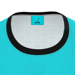 Close-up of LUTTZ turquoise tank top collar, featuring unique fabric design and elegant minimalist style. A designer piece from Marseille.