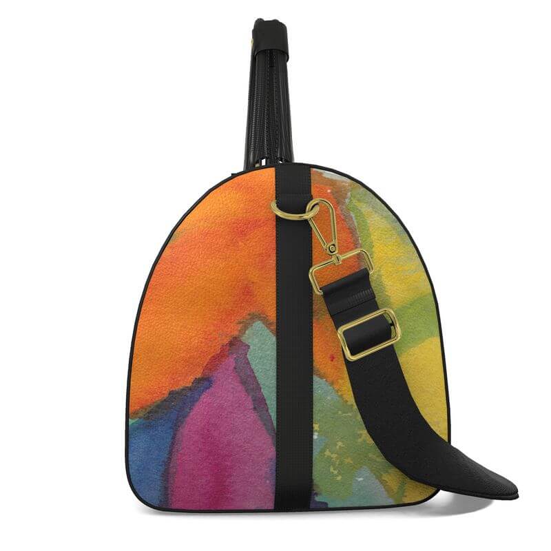 Luxury leather bag with abstract painting design, a unique art object for travel and style enthusiasts.