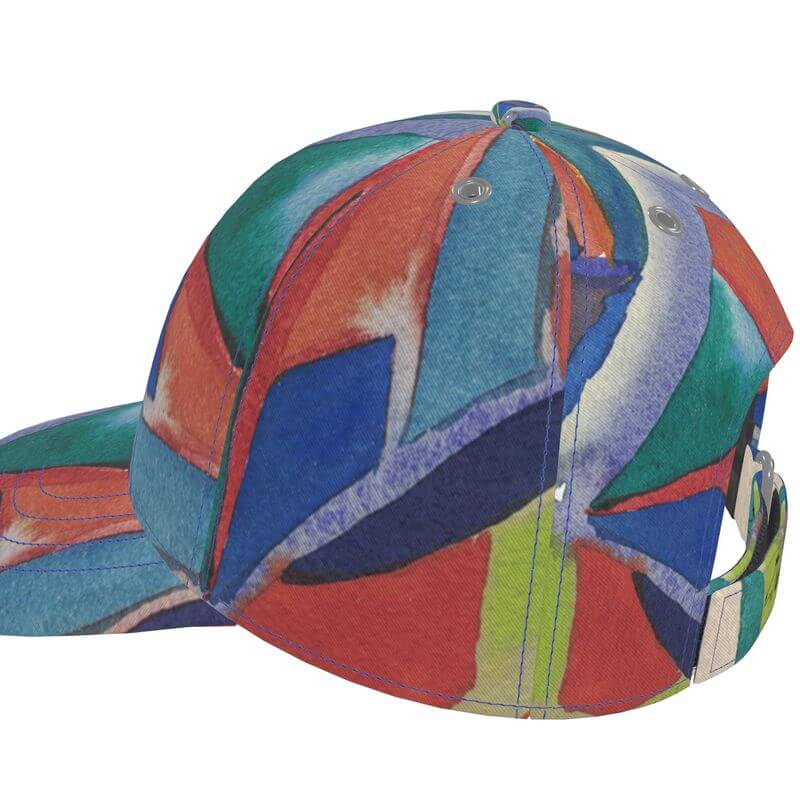 Unique luxury baseball cap with Mediterranean fabric design, inspired by abstract art and crafted in Marseille.