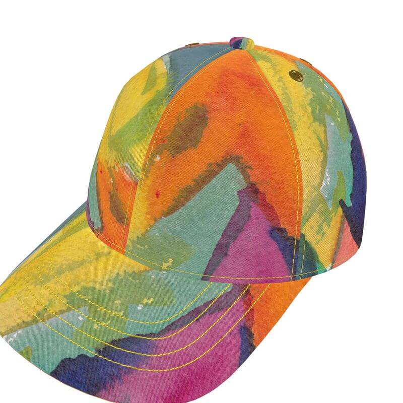 Exclusive luxury baseball cap with Mediterranean fabric design, inspired by the south of France, colorful like an abstract painting.