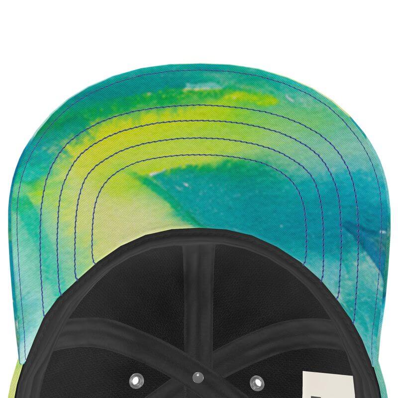Unique luxury baseball cap with Mediterranean fabric design and abstract painting style, hand-crafted by LUTTZ.