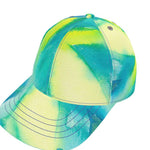 Luxury 6-panel cap with unique Mediterranean fabric design, inspired by the south of France, resembling an abstract painting.