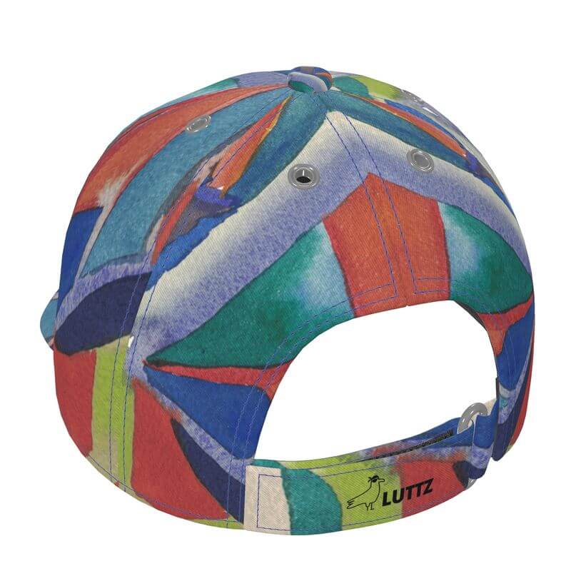 Unique luxury 6-panel baseball cap by LUTTZ, inspired by Mediterranean designs, featuring an abstract painting style.