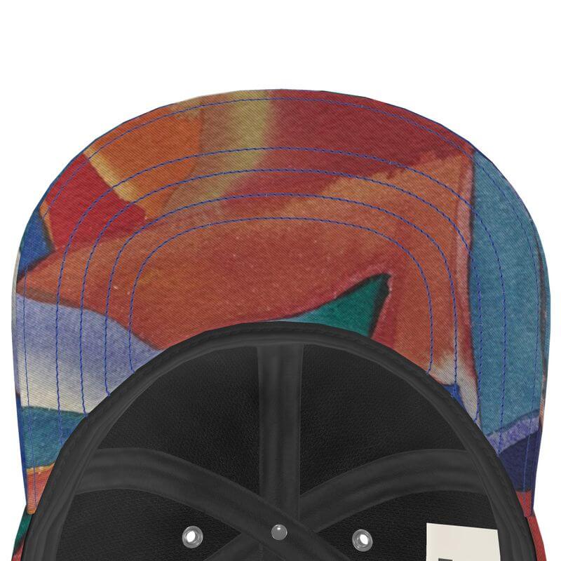 Unique urban baseball cap featuring a Mediterranean fabric design, inspired by the south of France, like an abstract painting.
