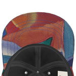 Unique urban baseball cap featuring a Mediterranean fabric design, inspired by the south of France, like an abstract painting.