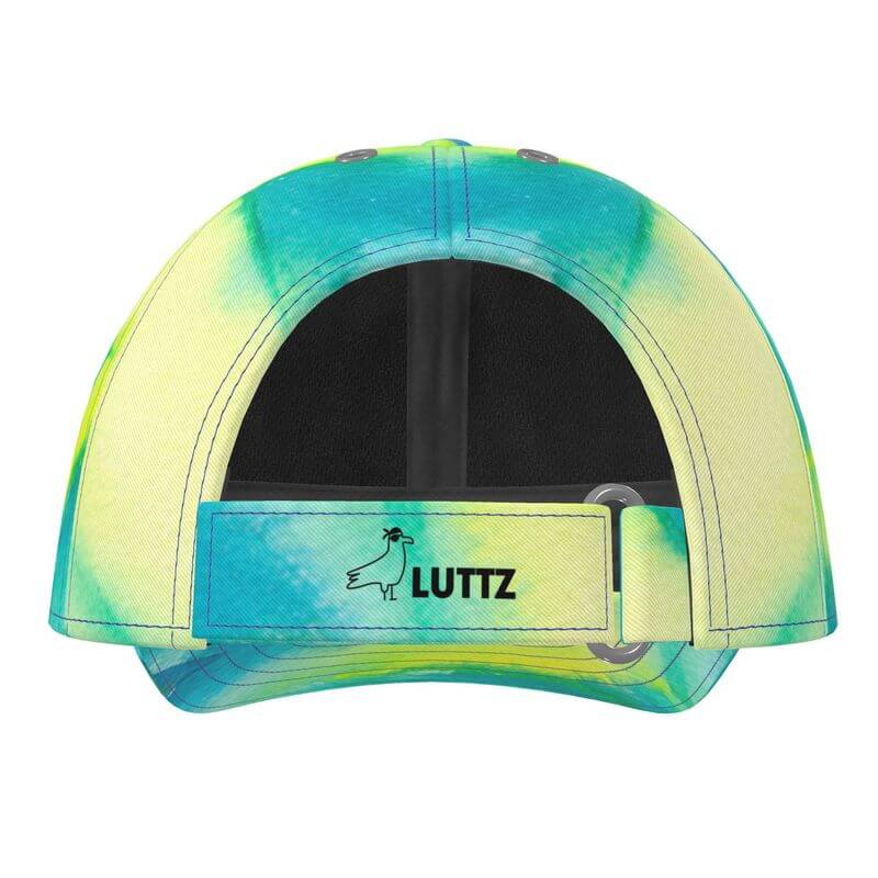 Luxury designer baseball cap by LUTTZ, featuring unique Mediterranean fabric design and vibrant abstract colors.