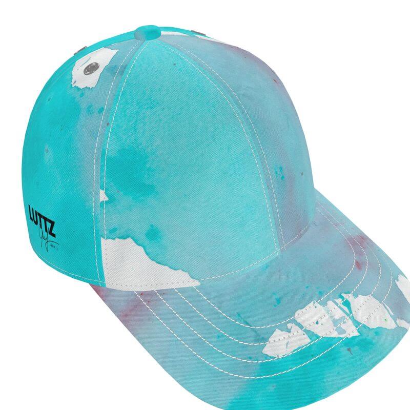 Luxury unique baseball cap with Mediterranean fabric design, inspired by the south of France, like an abstract painting.