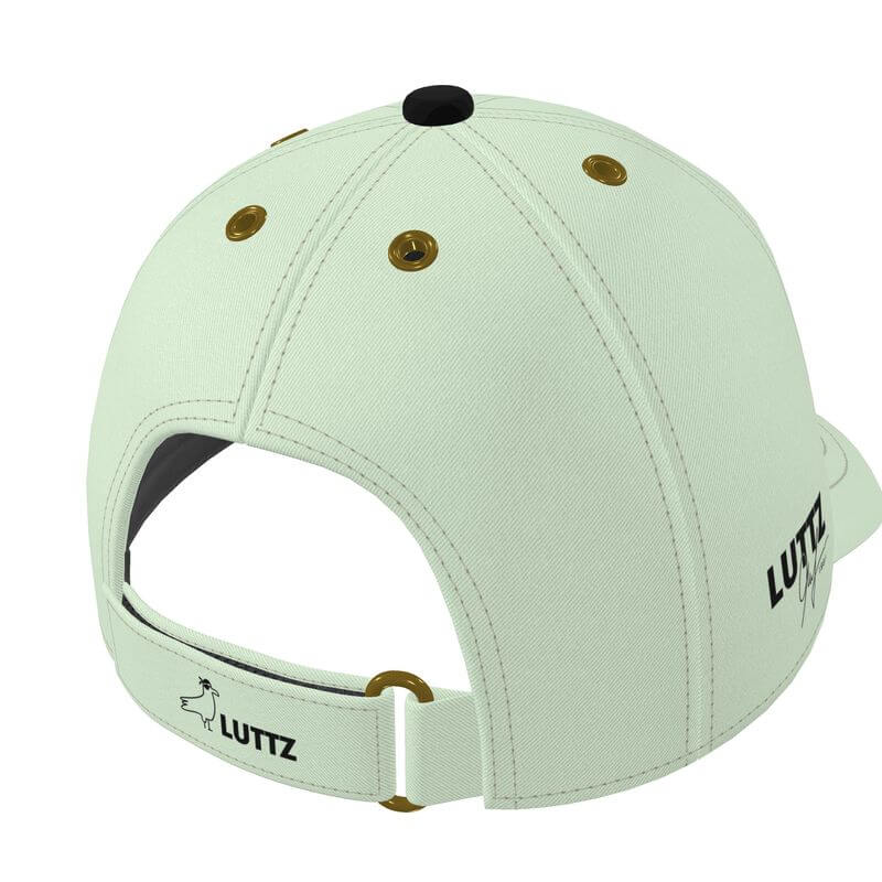 Back view of a unique luxury baseball cap by LUTTZ, featuring gold eyelets and an adjustable strap, resembling an art object.