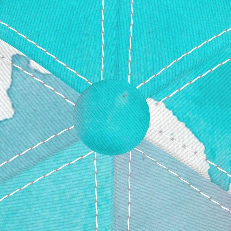 Close-up of unique turquoise baseball cap from LUTTZ, featuring Mediterranean fabric design and artistic stitching.