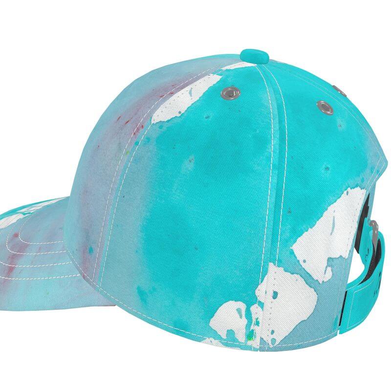 Luxury designer baseball cap in unique Mediterranean fabric, inspired by the south of France, showcasing abstract artwork.
