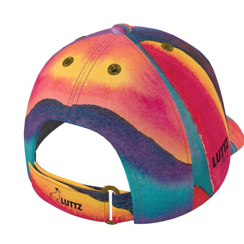 Vibrant luxury baseball cap by LUTTZ, featuring a unique Mediterranean fabric design like an abstract painting.