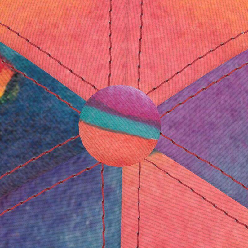 Colorful close-up of a unique handmade baseball cap, featuring vibrant Mediterranean fabric design and exceptional craftsmanship.