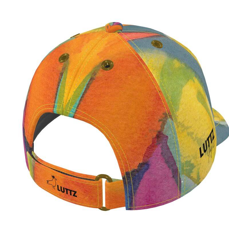 Unique LUTTZ baseball cap back with vibrant Mediterranean fabric design, inspired by the south of France, a luxurious designer piece.